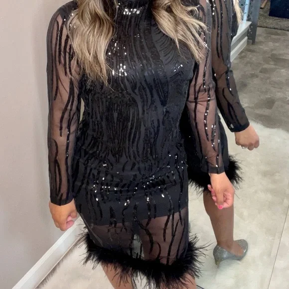 Verwin Dresses | Verwin Sequins Bodycon Dress Long Sleeve Midi Dress Elegant with Plumes at Seam | Color: Black | Size: M | Vidafrancoblog's Closet